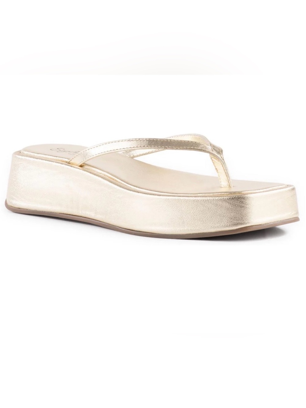 New With Box Seychelles Sz 7 Metallic Gold Wedge Flip-Flop thong Sandals soldout
